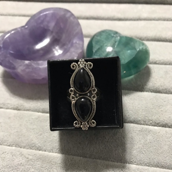 New Genuine Sterling Silver Black Onyx Double Stone Ring Size 8.5-8.75 Crystal - Picture 14 of 16